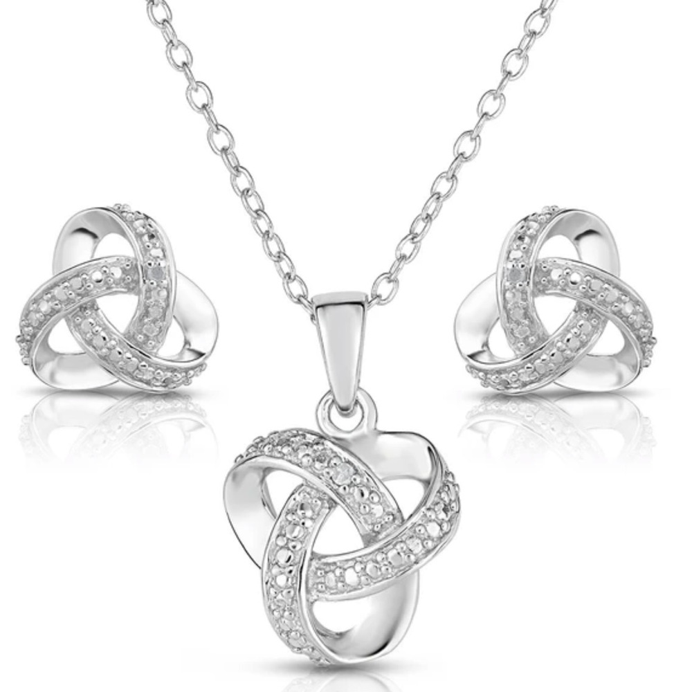 NWOT Diamond Love Knot Set,SS .02twt Diamond Pendant,SS .02twt Diamond Earrings - Picture 1 of 15